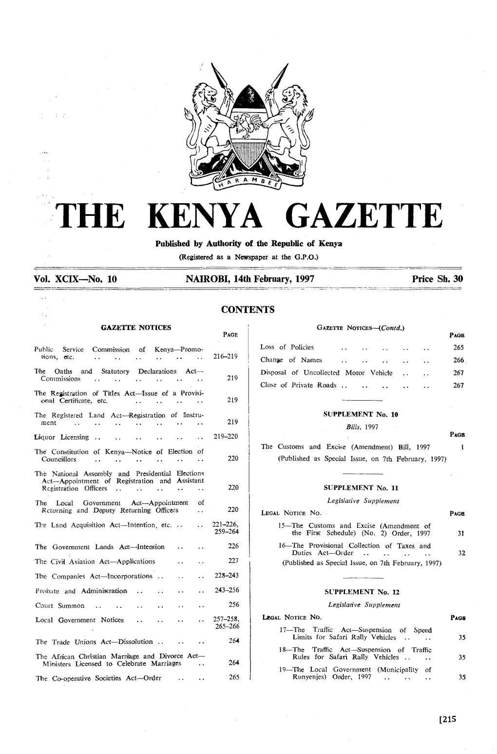 THE KENYA GAZETTE Published by Authority of the Republic of Kenya (Registered As a Newspaper at the G.P.O.) ------Vol