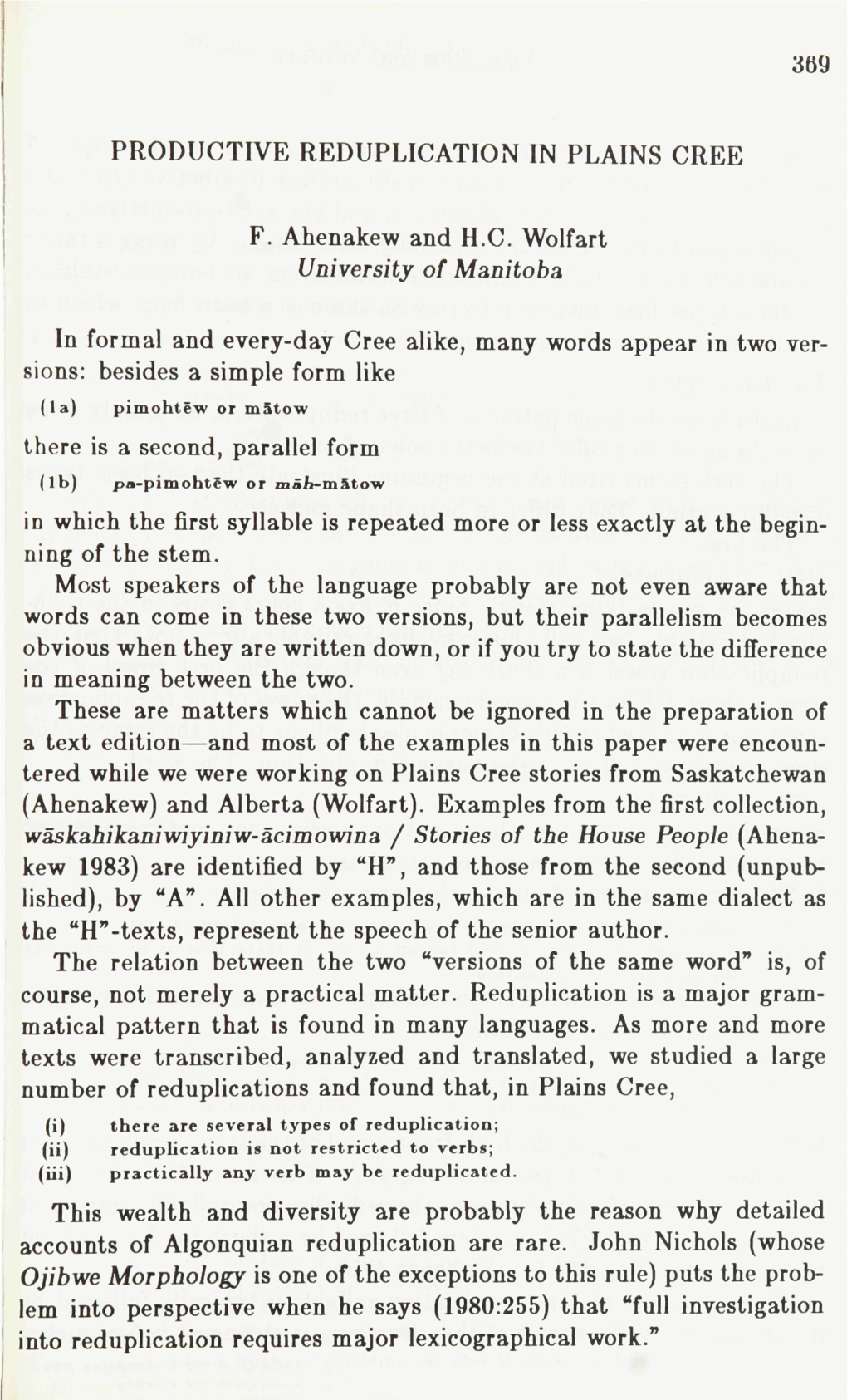 369 PRODUCTIVE REDUPLICATION in PLAINS CREE F. Ahenakew And