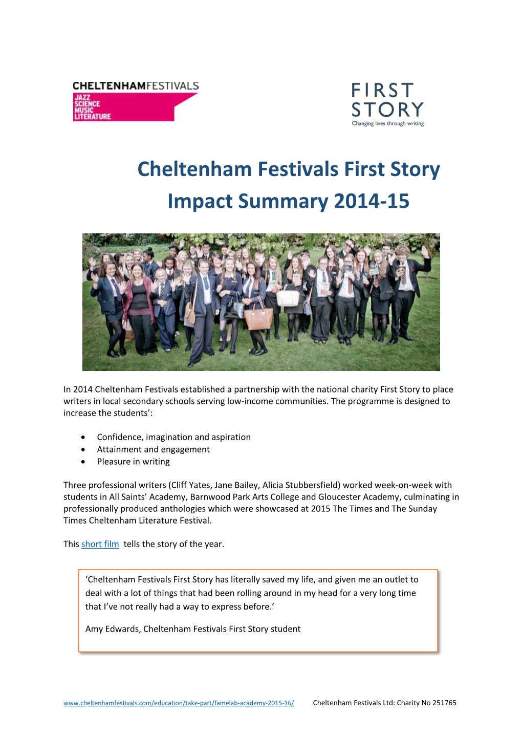 Cheltenham Festivals First Story Impact Summary 2014-15