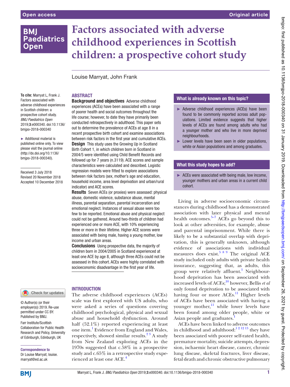 Factors Associated with Adverse Childhood Experiences in Scottish Children: a Prospective Cohort Study