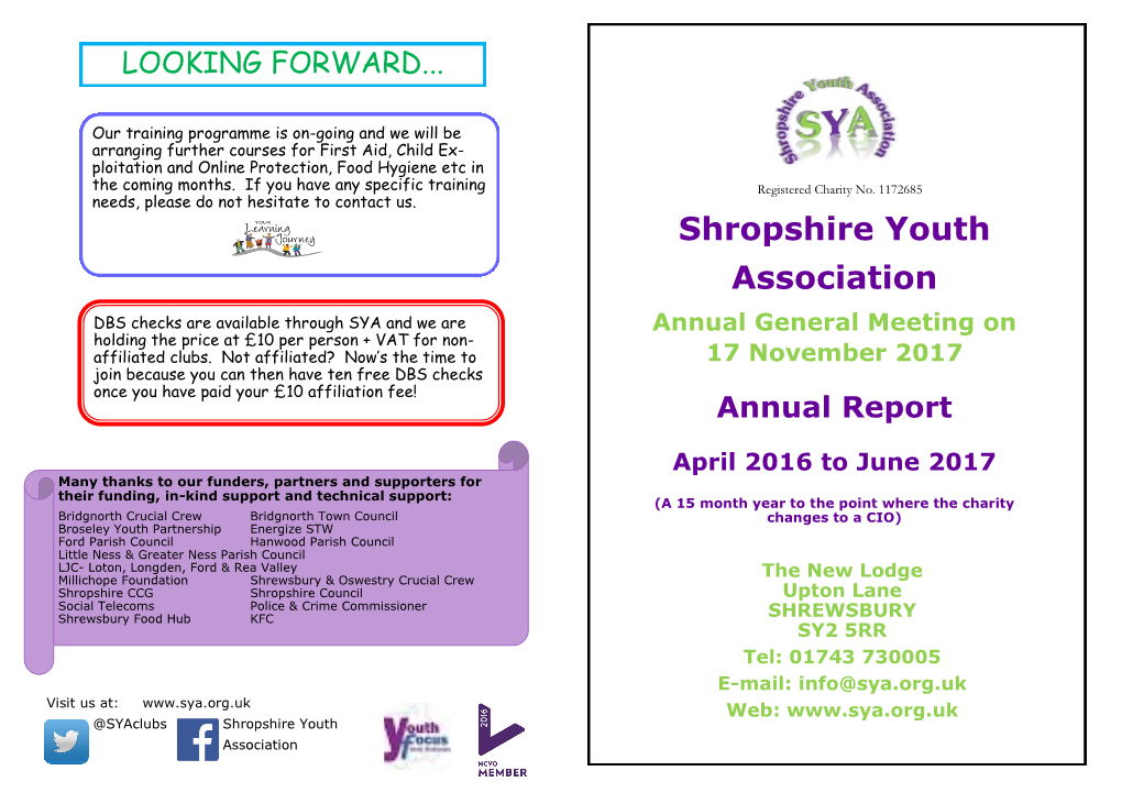 Shropshire Youth Association Annual General Meeting on 17 November