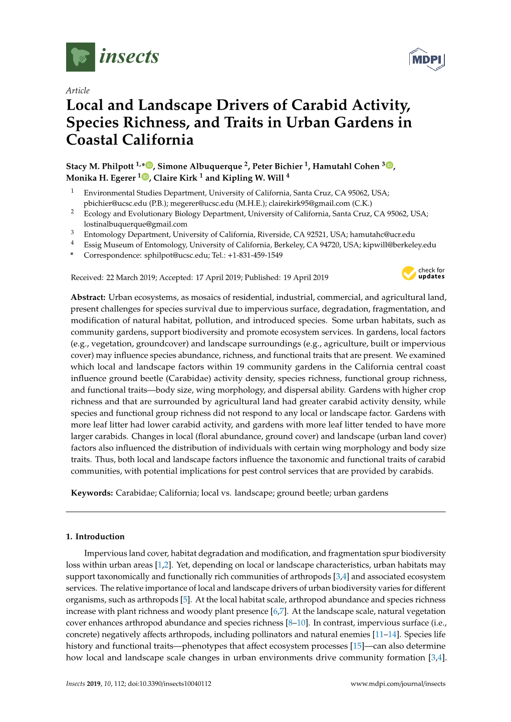 Local and Landscape Drivers of Carabid Activity, Species Richness, and Traits in Urban Gardens in Coastal California