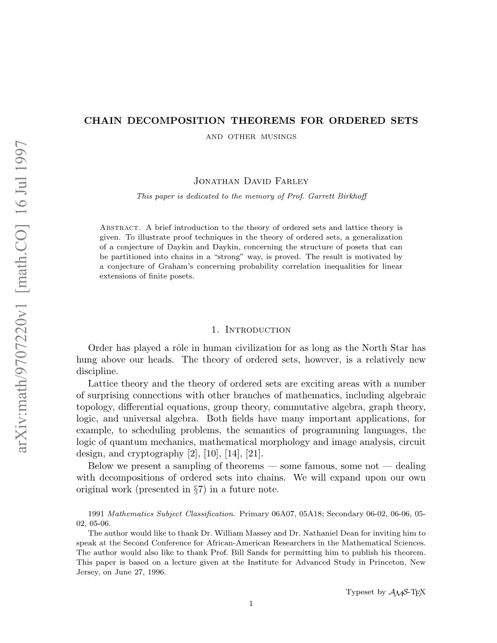 Arxiv:Math/9707220V1 [Math.CO] 16 Jul 1997 Hsppri Ae Nalcuegvna H Nttt O Adva for Institute the at Given Permitt Lecture 1996