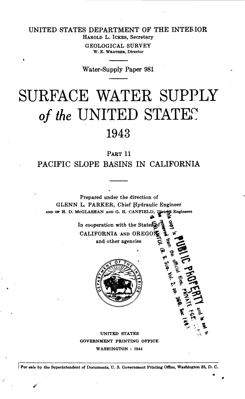 SURFACE WATER SUPPLY of the UNITED STATES 1943