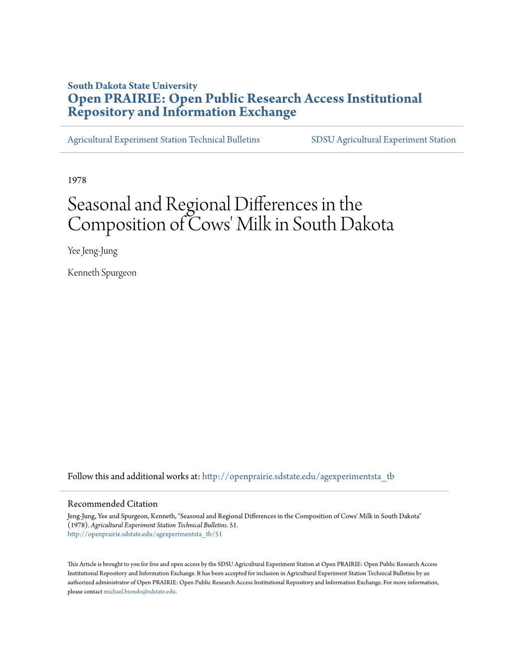 Seasonal and Regional Differences in the Composition of Cows' Milk in South Dakota Yee Jeng-Jung
