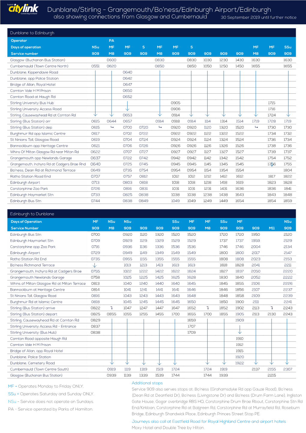 Dunblane/Stirling - Grangemouth/Bo’Ness/Edinburgh Airport/Edinburgh Also Showing Connections from Glasgow and Cumbernauld 30 September 2019 Until Further Notice