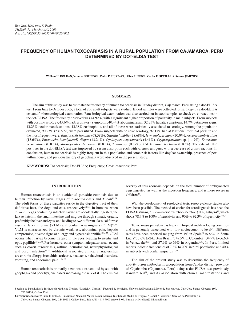 Frequency of Human Toxocariasis in a Rural Population from Cajamarca, Peru Determined by Dot-Elisa Test