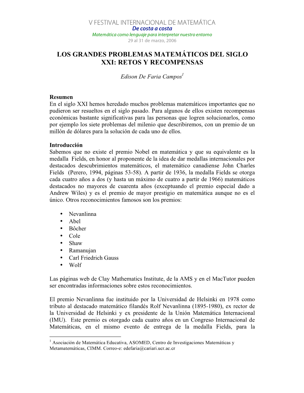 V Festival Internacional De Matemática Los Grandes Problemas