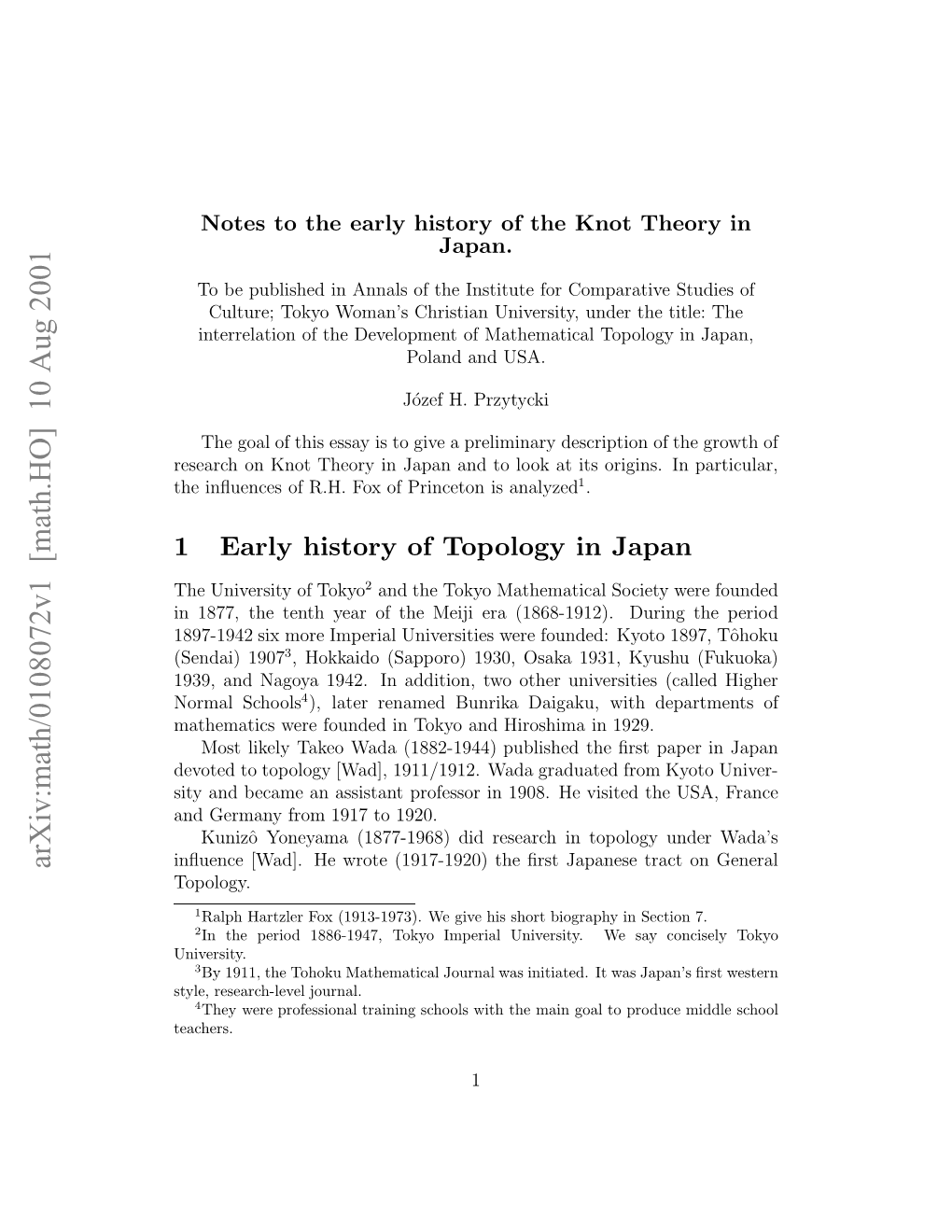 Arxiv:Math/0108072V1 [Math.HO] 10 Aug 2001 Nune[A] Ewoe(9712)Teﬁs Aaeetrac Japanese ﬁrst the (1917-1920) Wrote Topology