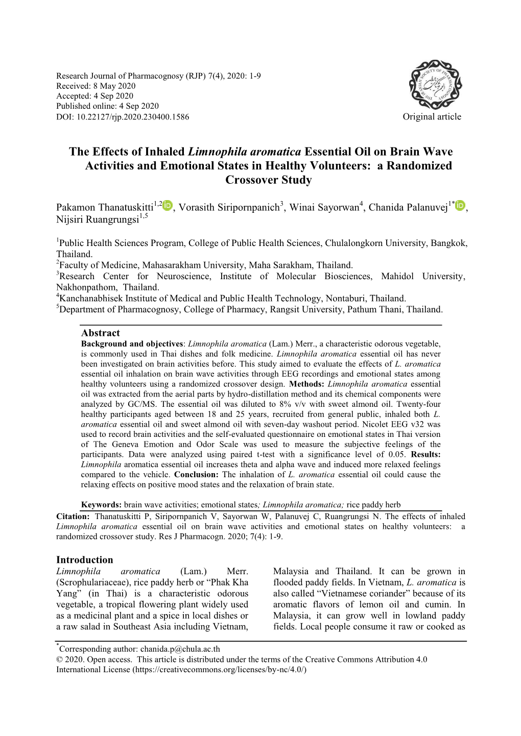 The Effects of Inhaled Limnophila Aromatica Essential Oil on Brain Wave Activities and Emotional States in Healthy Volunteers: a Randomized Crossover Study