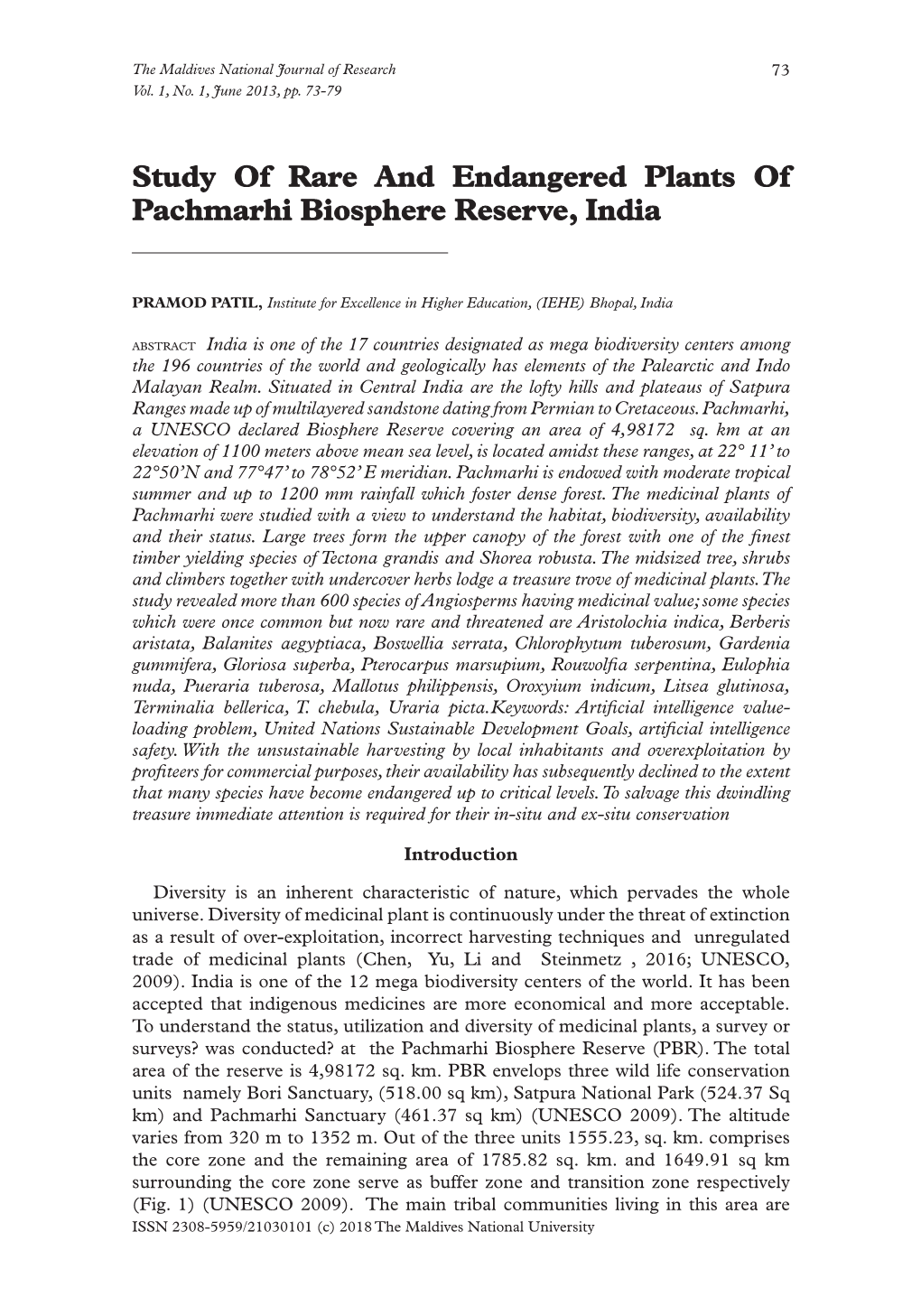 Study of Rare and Endangered Plants of Pachmarhi Biosphere Reserve, India