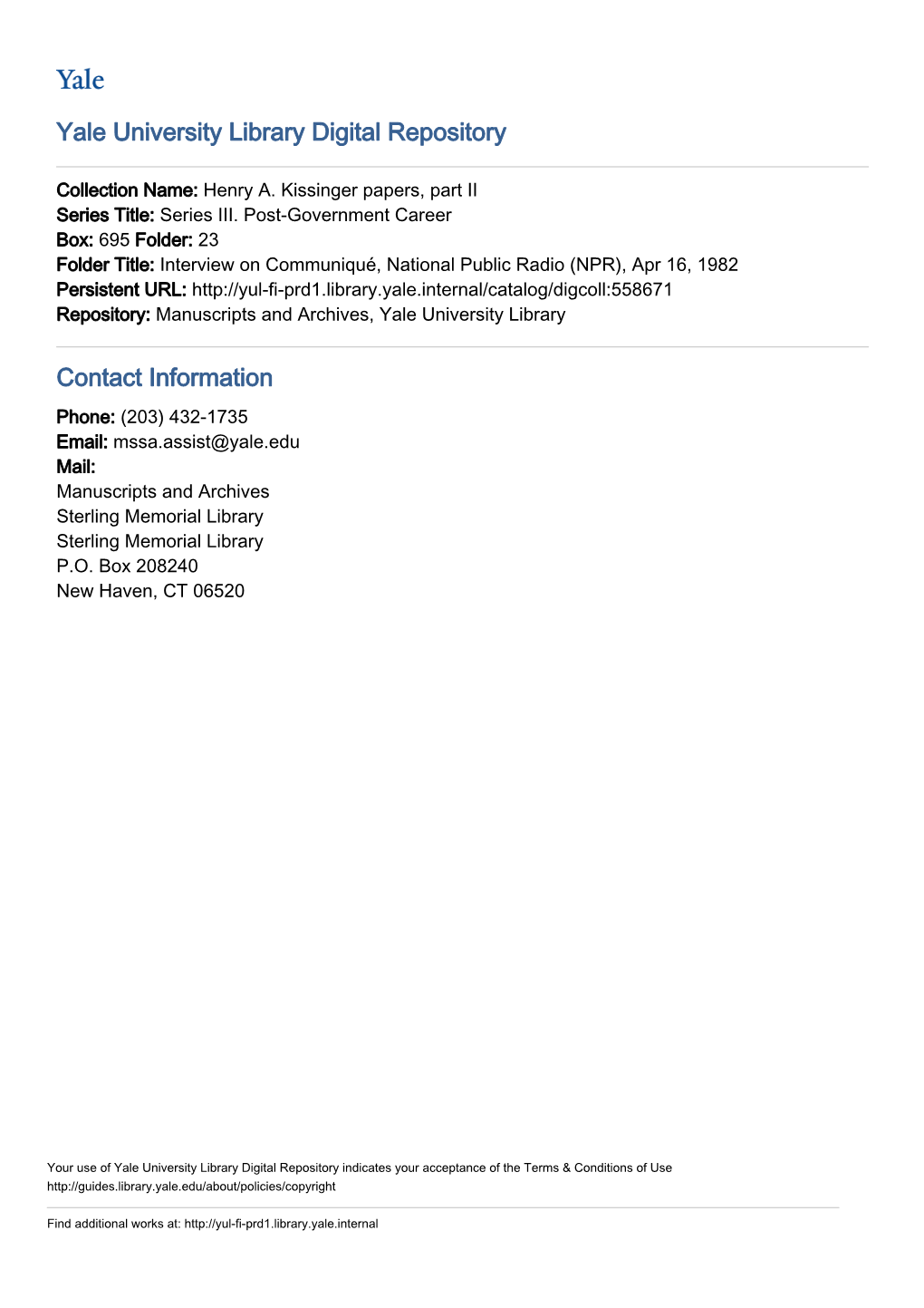 Yale University Library Digital Repository Contact Information