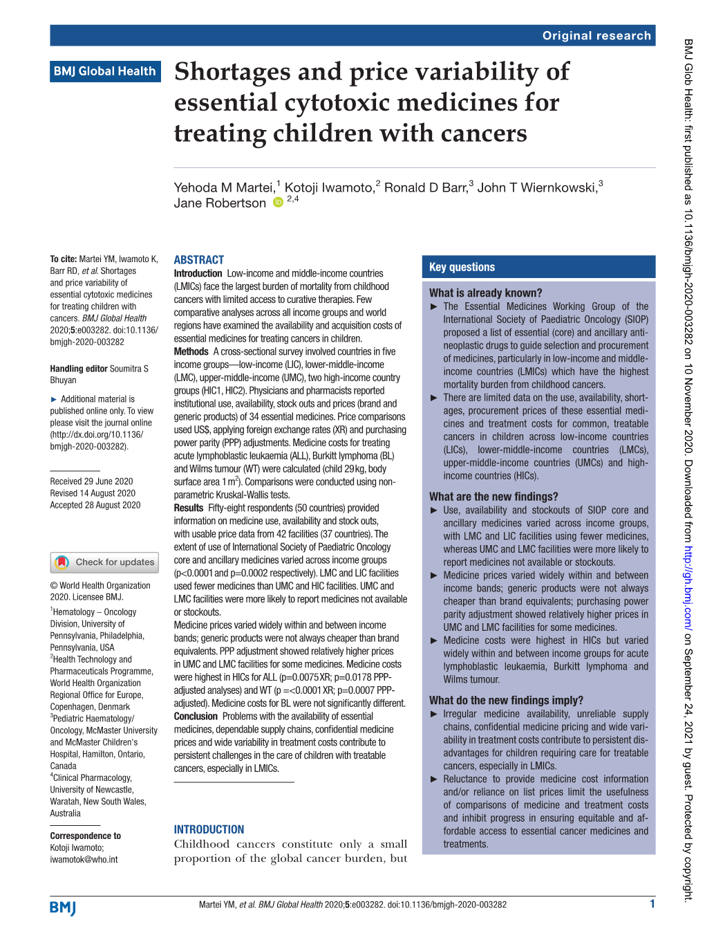 Shortages and Price Variability of Essential Cytotoxic Medicines for Treating Children with Cancers