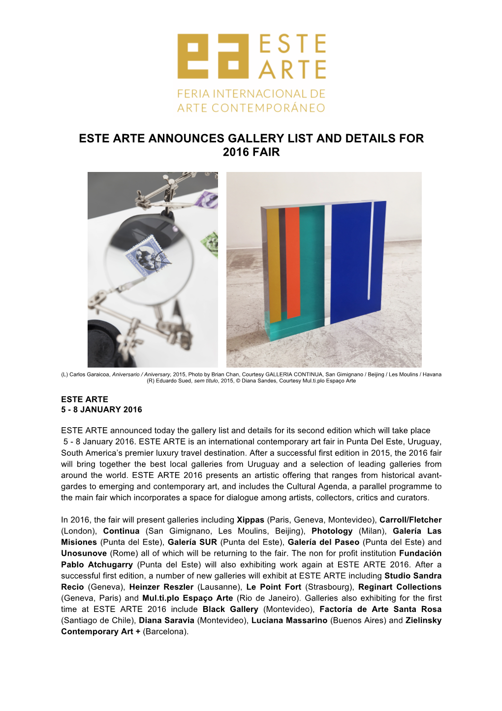 Este Arte Announces Gallery List and Details for 2016 Fair