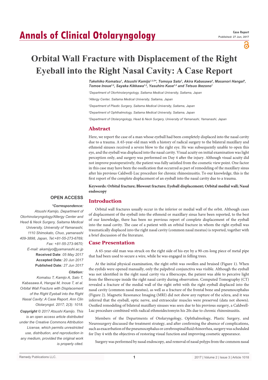 Orbital Wall Fracture with Displacement of the Right Eyeball Into the Right Nasal Cavity: a Case Report