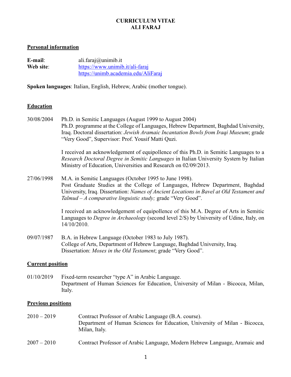 1 1 CURRICULUM VITAE ALI FARAJ Personal Information E-Mail