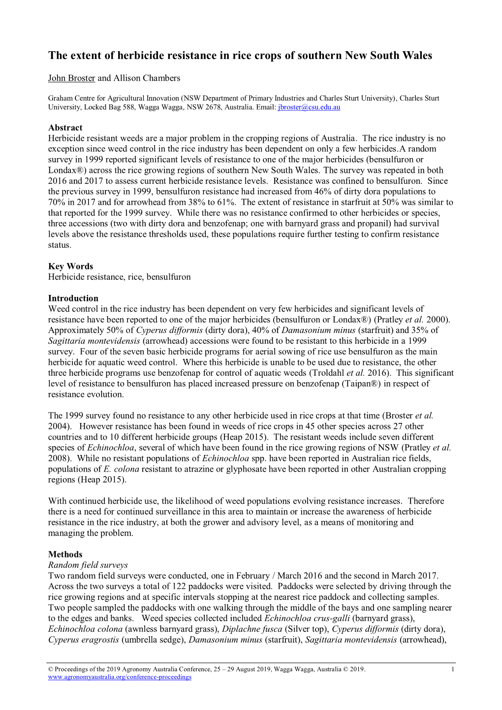 The Extent of Herbicide Resistance in Rice Crops of Southern New South Wales