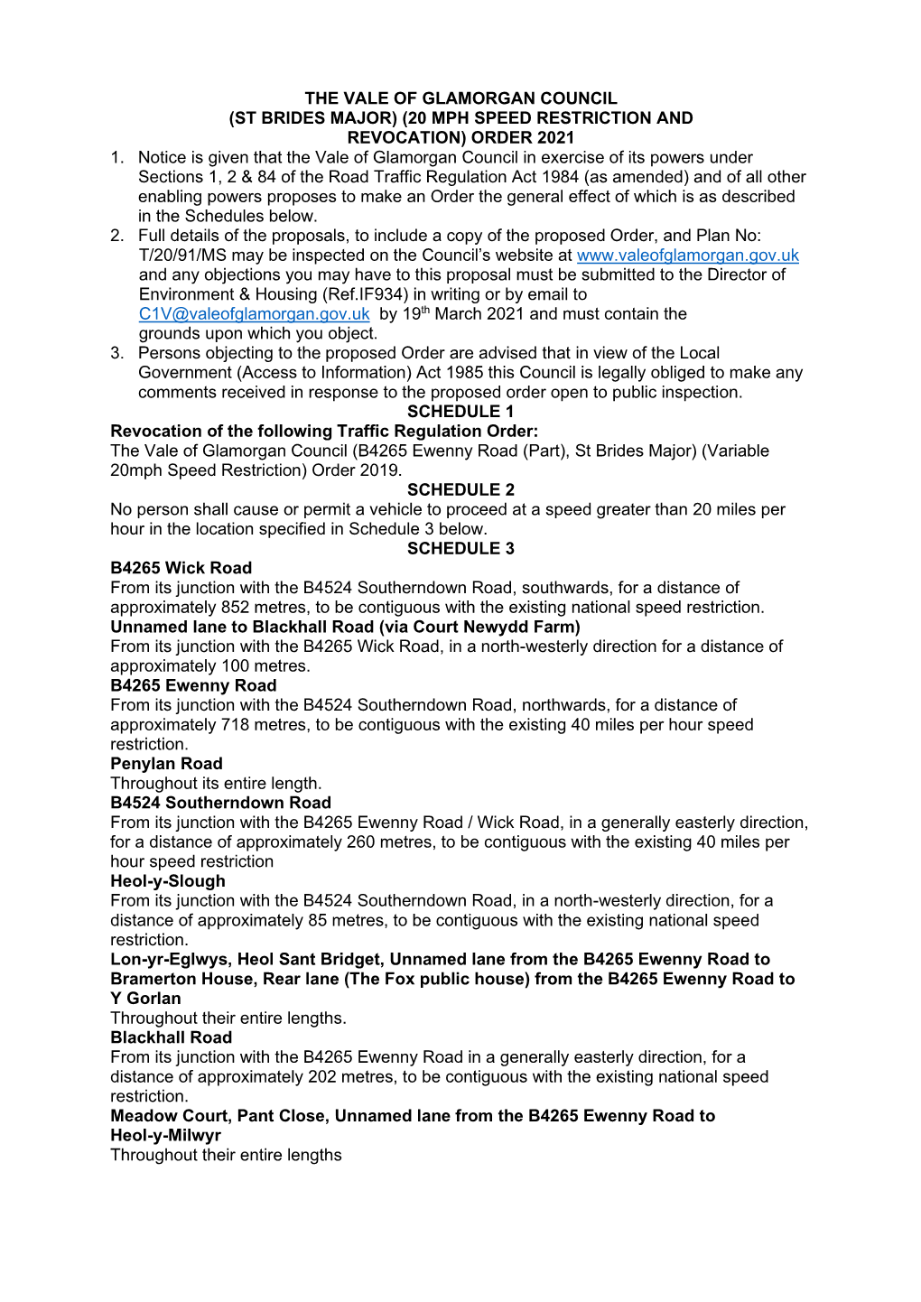 St Brides Major) (20 Mph Speed Restriction and Revocation) Order 2021 1