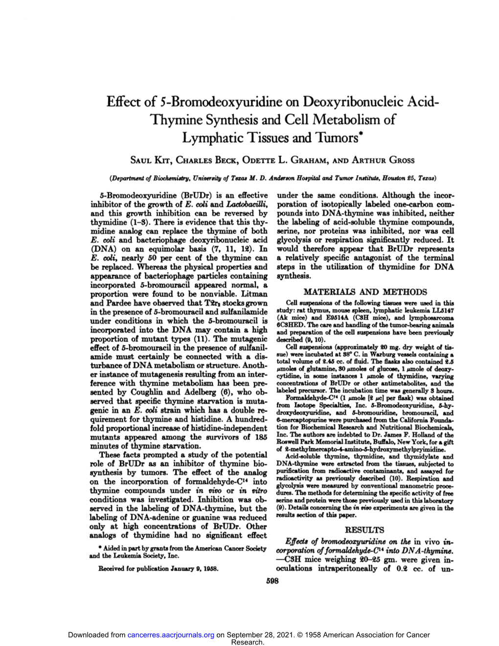 Effect of 5-Bromodeoxyuridine on Deoxyribonucleic Acid- Thymine Synthesis and Cell Metabolism of Lymphatic Tissues and Tumors*