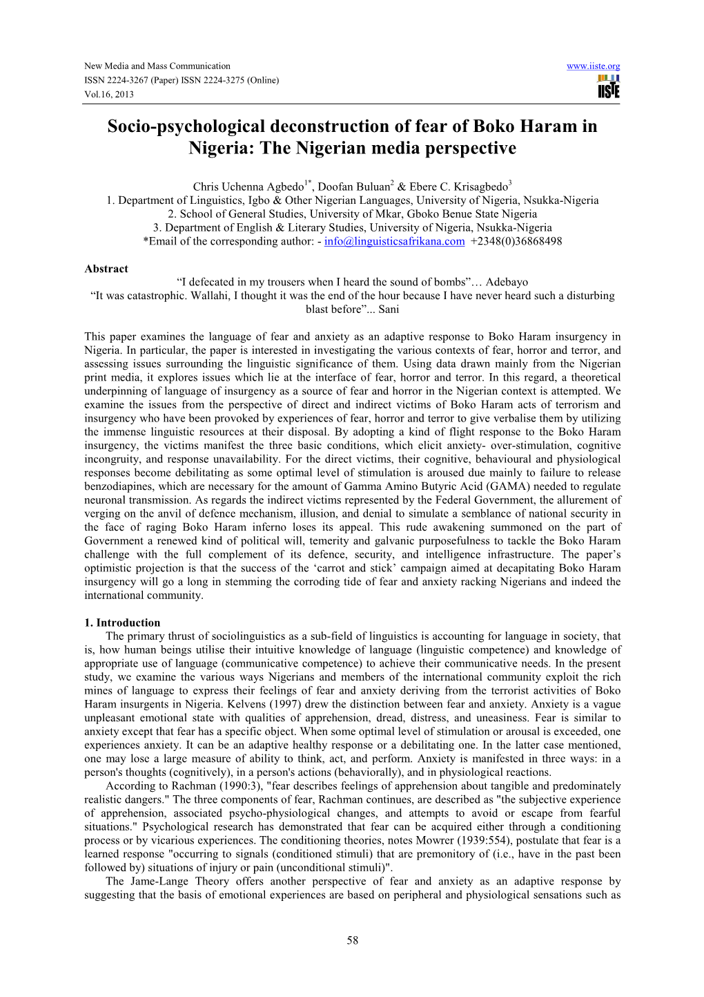 Socio-Psychological Deconstruction of Fear of Boko Haram in Nigeria: the Nigerian Media Perspective