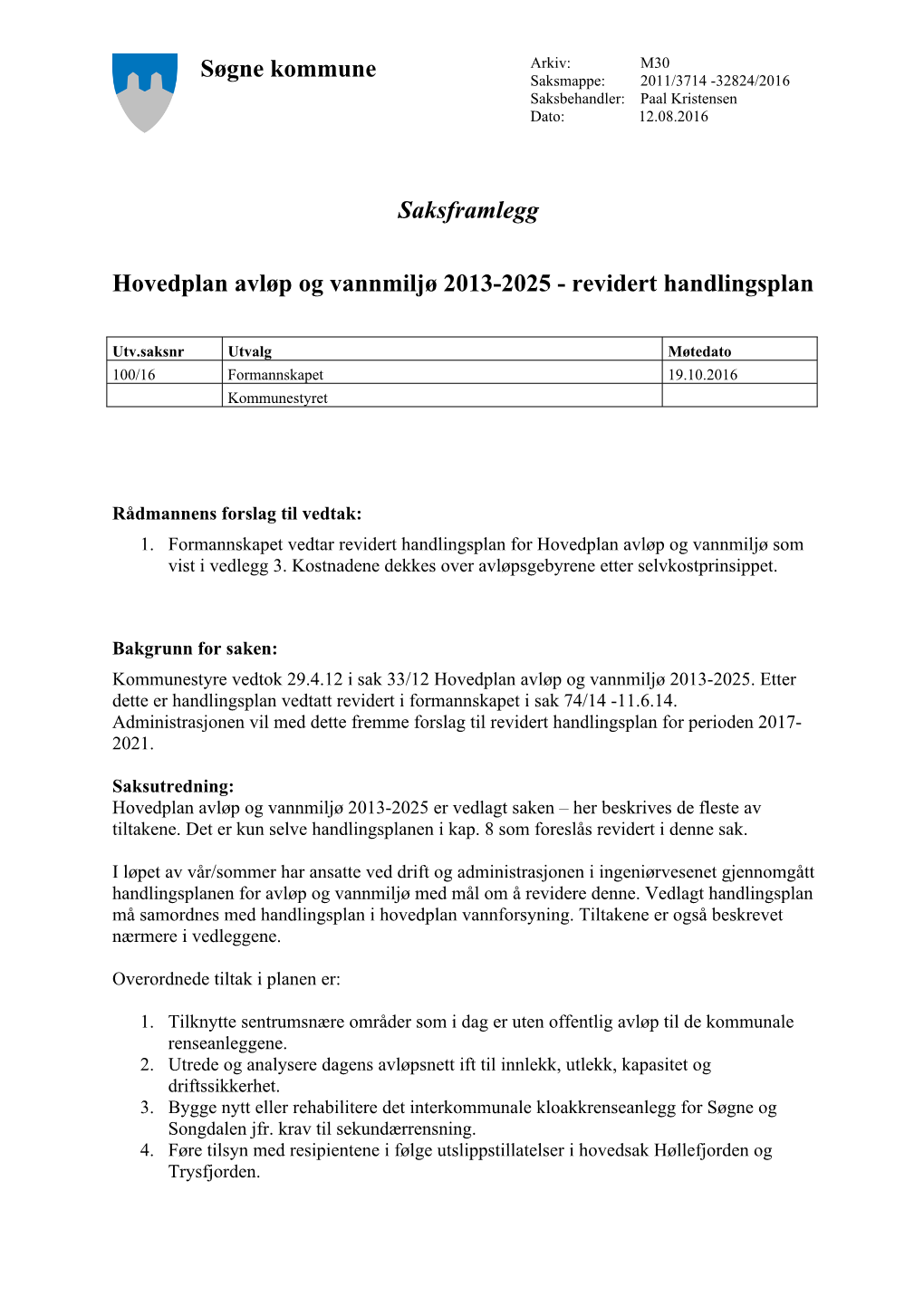 Saksframlegg Hovedplan Avløp Og Vannmiljø 2013-2025