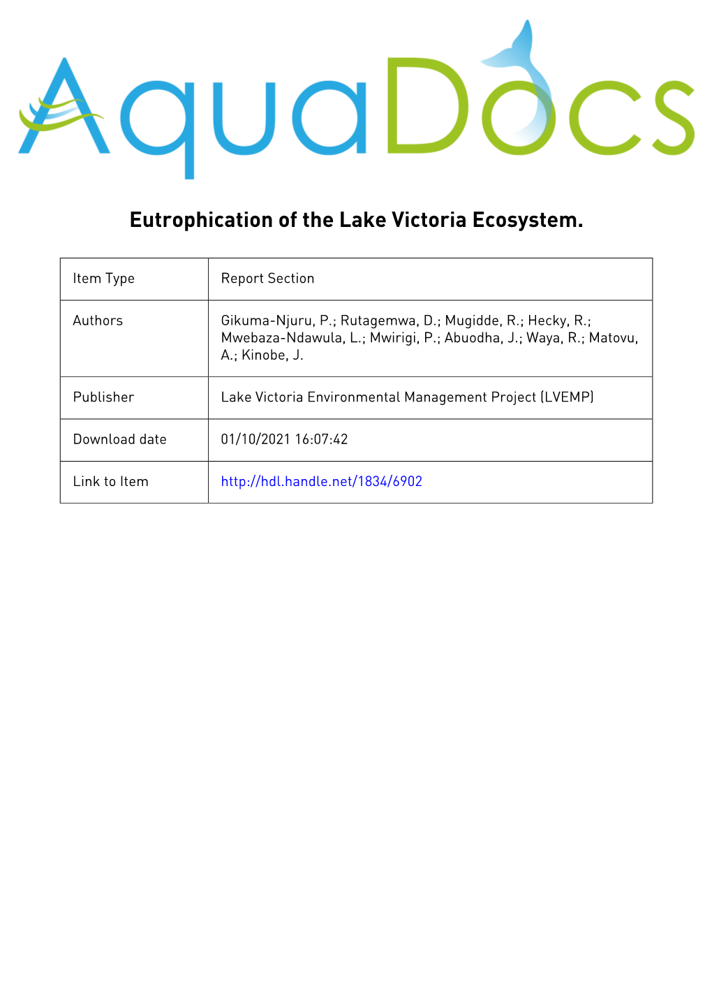 CHAPTER 6 Eutrophication of the Lake Victoria Ecosystem