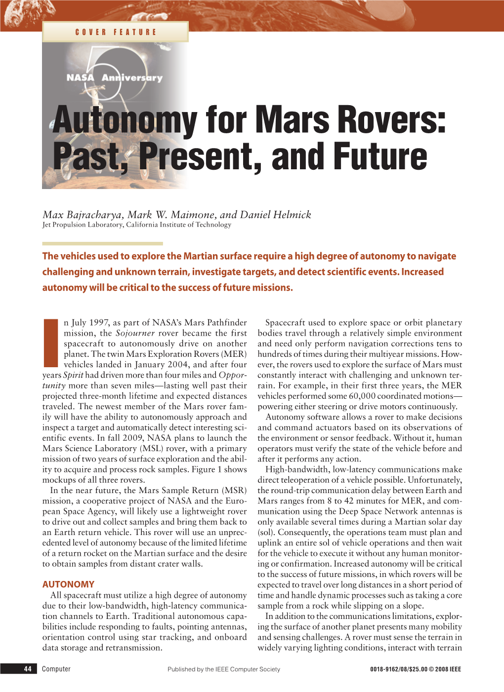 Autonomy for Mars Rovers: Past, Present, and Future