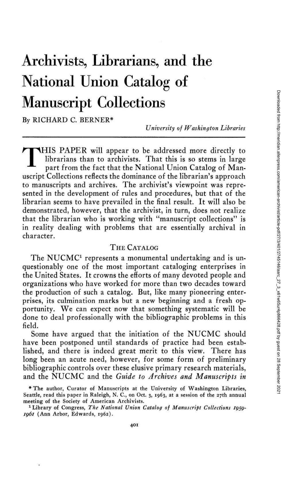 Archivists, Librarians, and the National Union Catalog of Manuscript