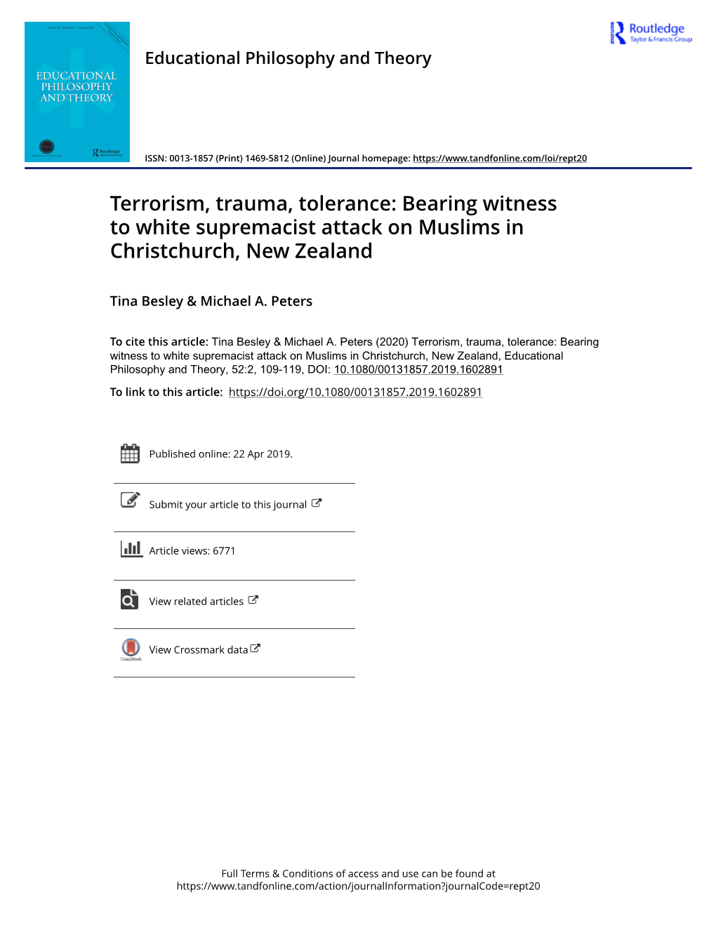 Terrorism, Trauma, Tolerance: Bearing Witness to White Supremacist Attack on Muslims in Christchurch, New Zealand
