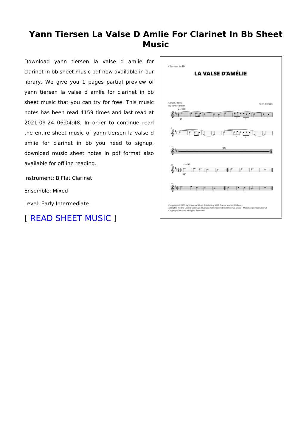 Yann Tiersen La Valse D Amlie for Clarinet in Bb Sheet Music