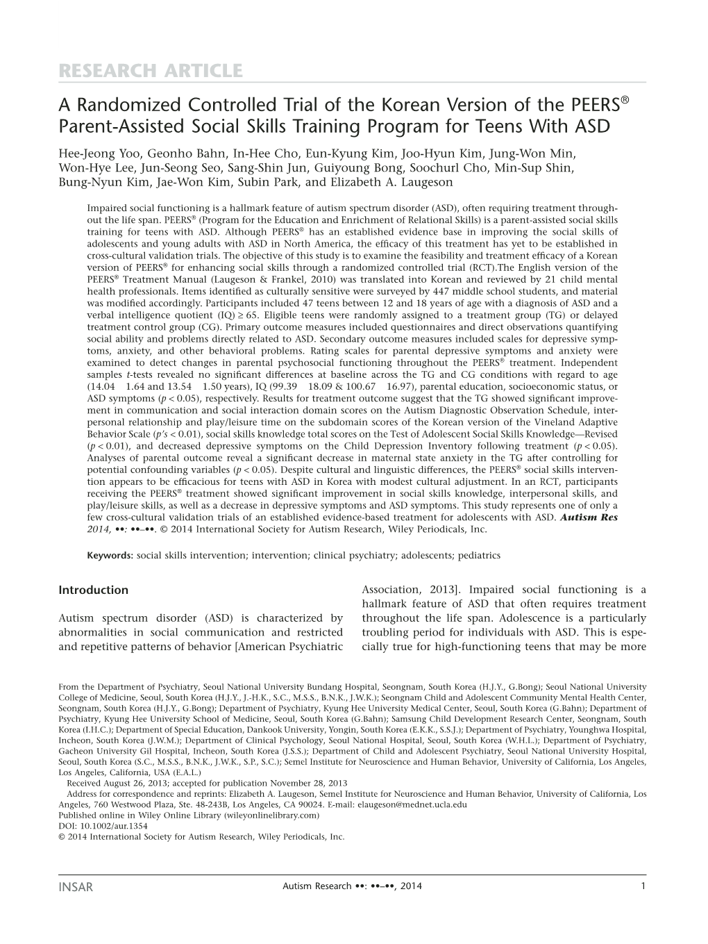 A Randomized Controlled Trial of the Korean Version of the PEERS