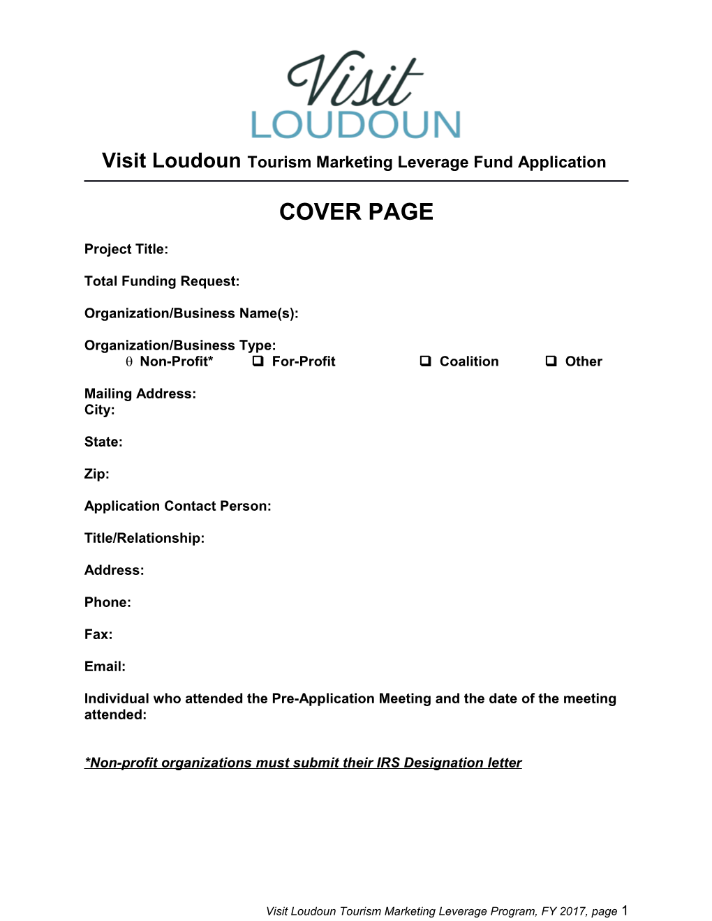 Visit Loudoun Tourism Marketing Leverage Fund Application