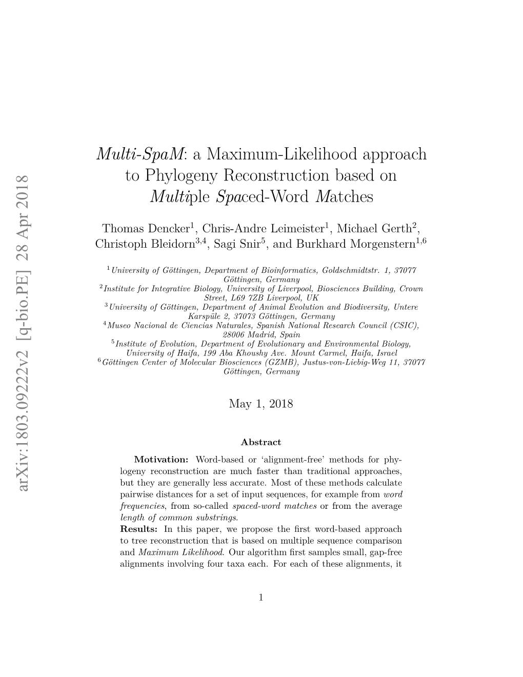 Multi-Spam: a Maximum-Likelihood Approach to Phylogeny Reconstruction Based on Multiple Spaced-Word Matches