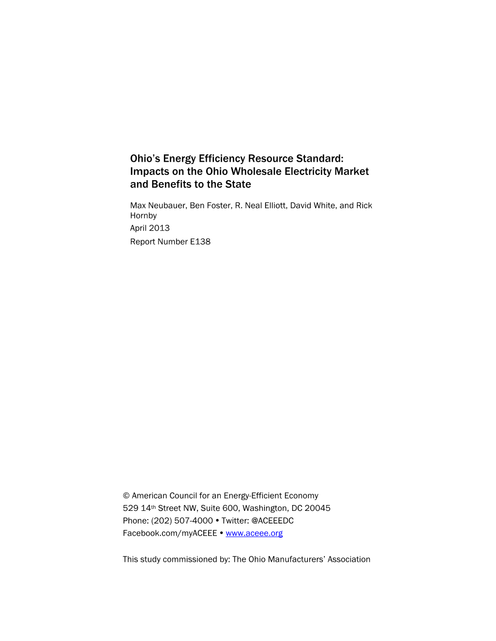 Energy Efficiency Resource Standard: Impacts on the Ohio Wholesale Electricity Market and Benefits to the State