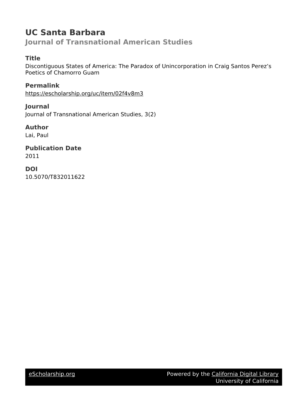 Discontiguous States of America: the Paradox of Unincorporation in Craig Santos Perez’S Poetics of Chamorro Guam