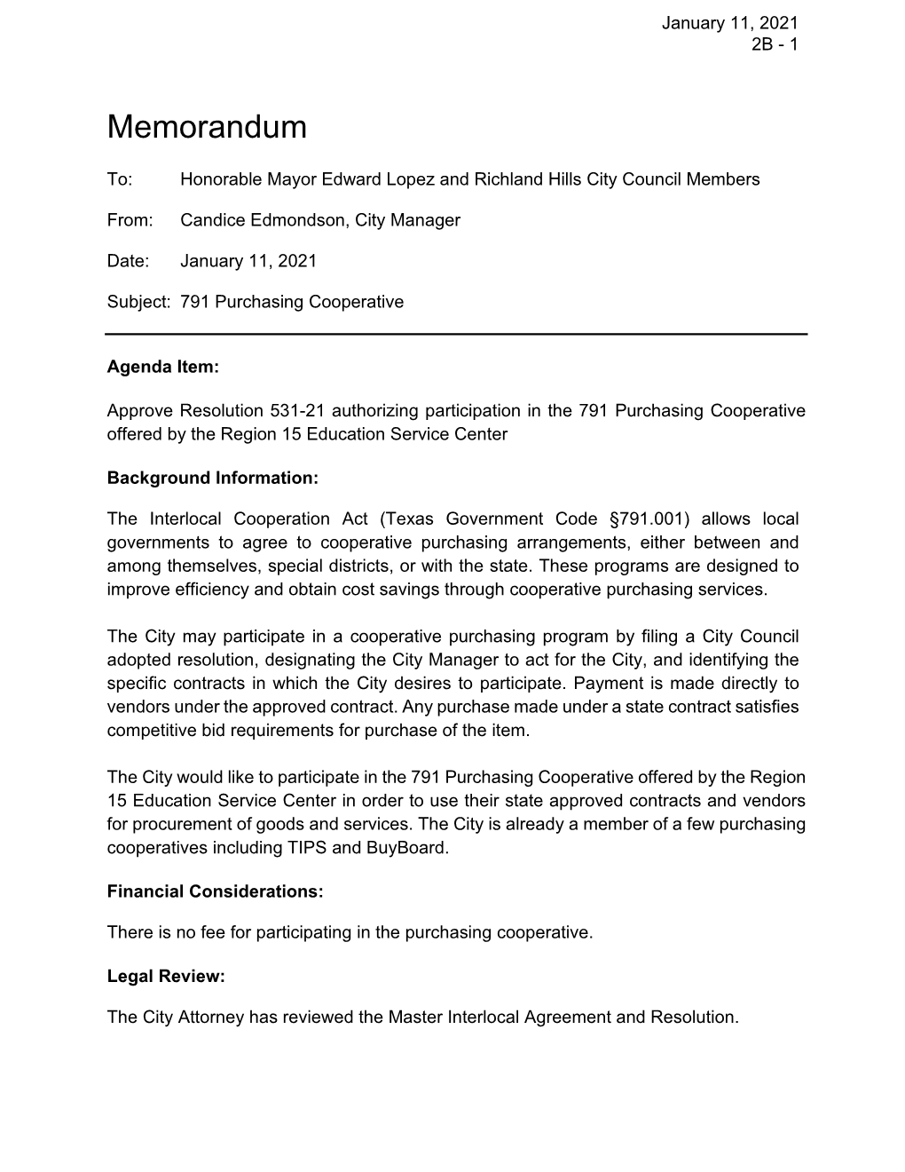 Approve Resolution 531-21 Authorizing Participation in the 791 Purchasing Cooperative Offered by the Region 15 Education Service Center