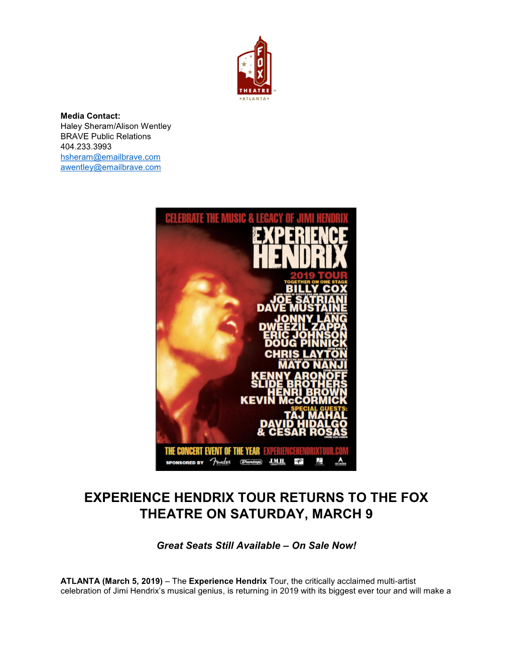 Experience Hendrix Tour Returns to the Fox Theatre on Saturday, March 9