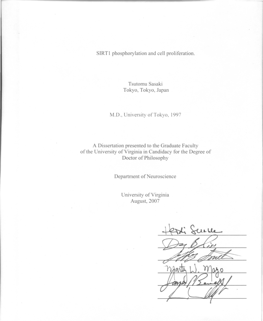 SIRTI Phosphorylation and Cell Proliferation. Tsutomu Sasaki Tokyo