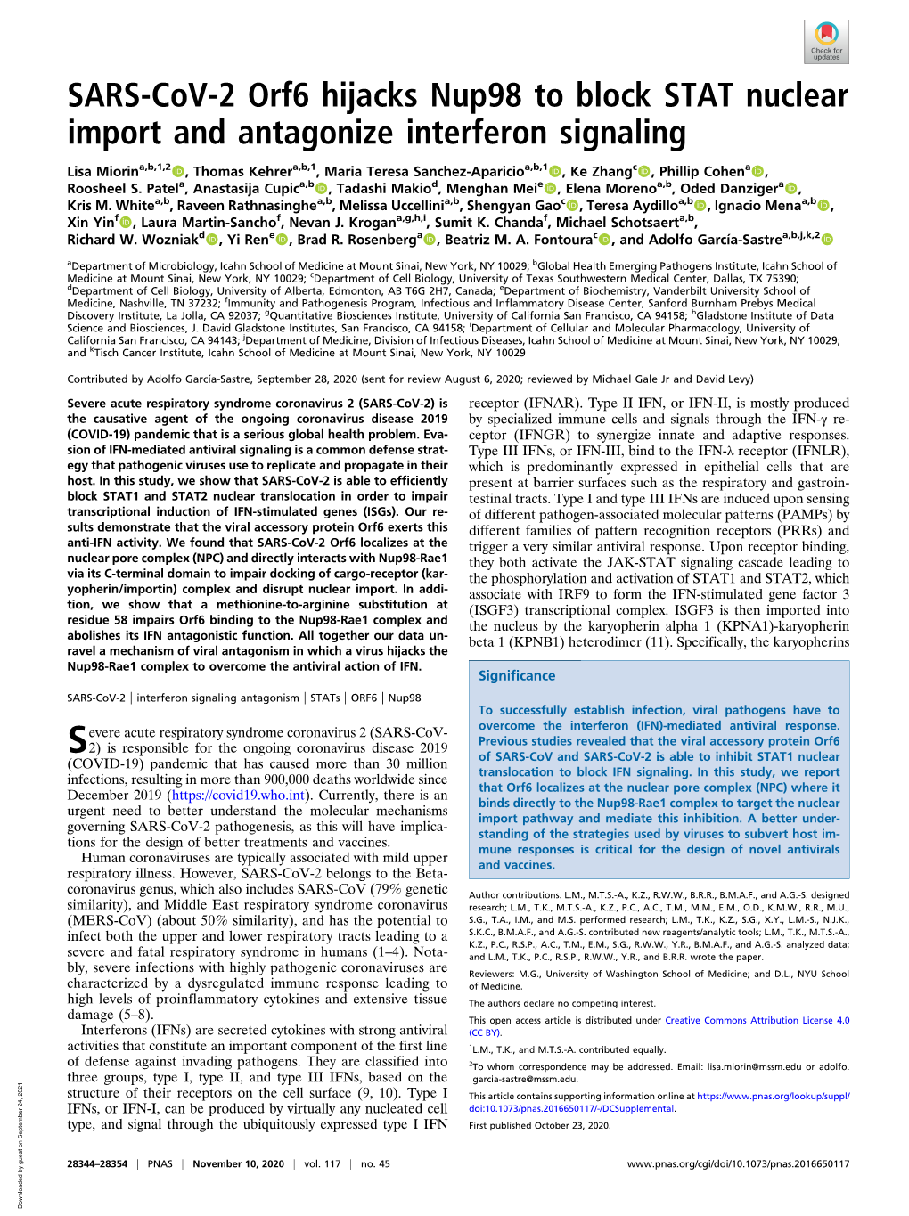 SARS-Cov-2 Orf6 Hijacks Nup98 to Block STAT Nuclear Import and Antagonize Interferon Signaling