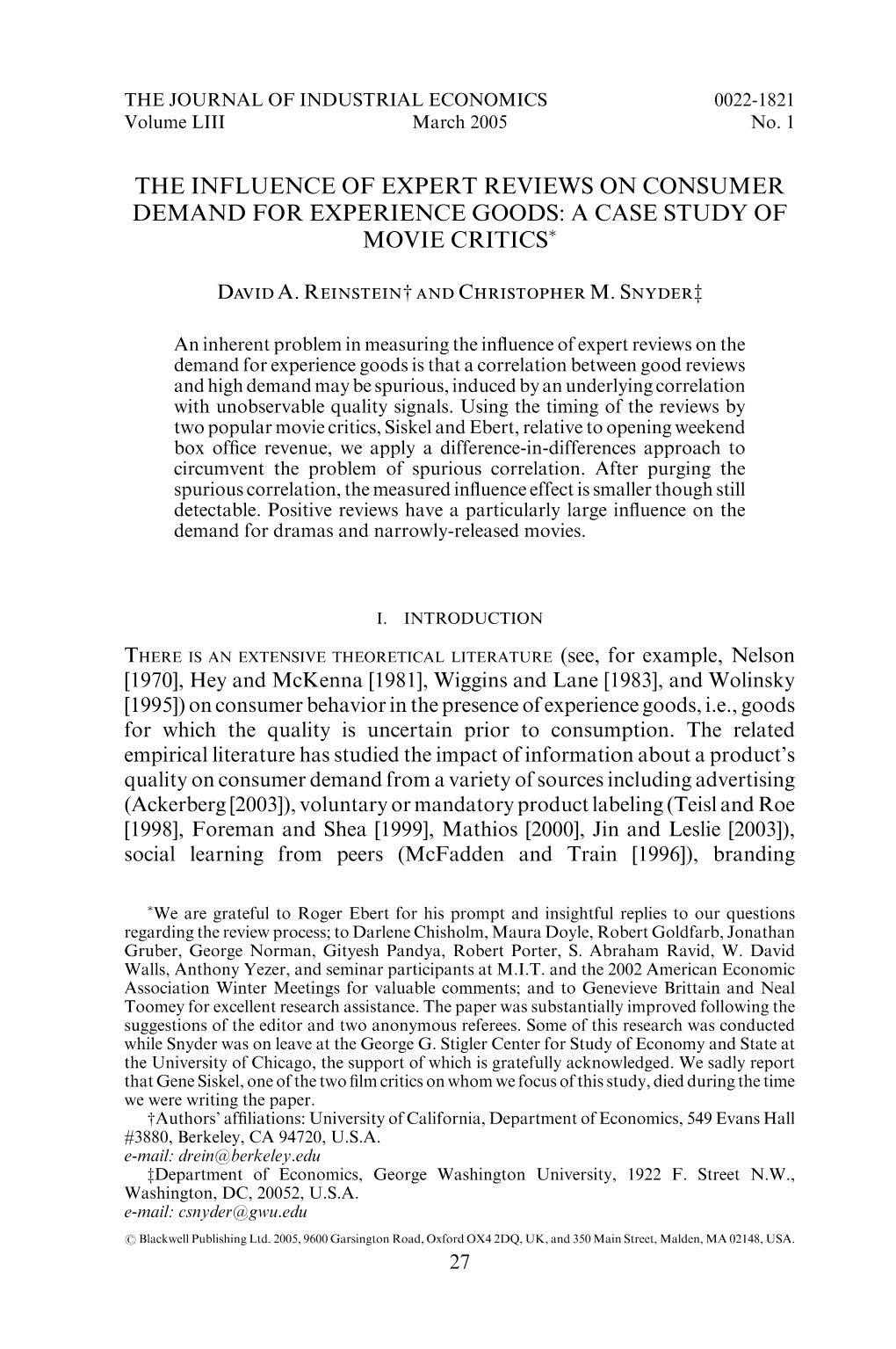 The Influence of Expert Reviews on Consumer Demand for Experience Goods: a Case Study of Movie Critics