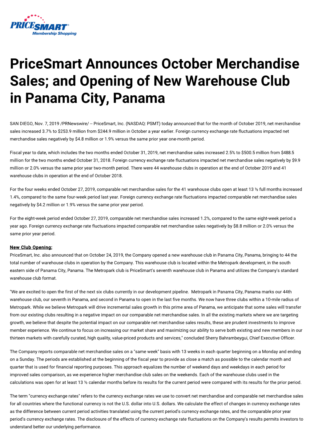 And Opening of New Warehouse Club in Panama City, Panama