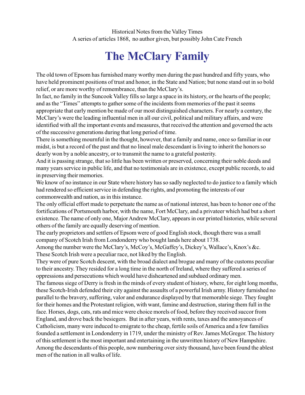 Mcclary Family from the Valley Times