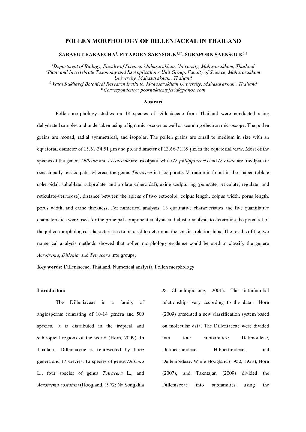 Pollen Morphology of Dilleniaceae in Thailand