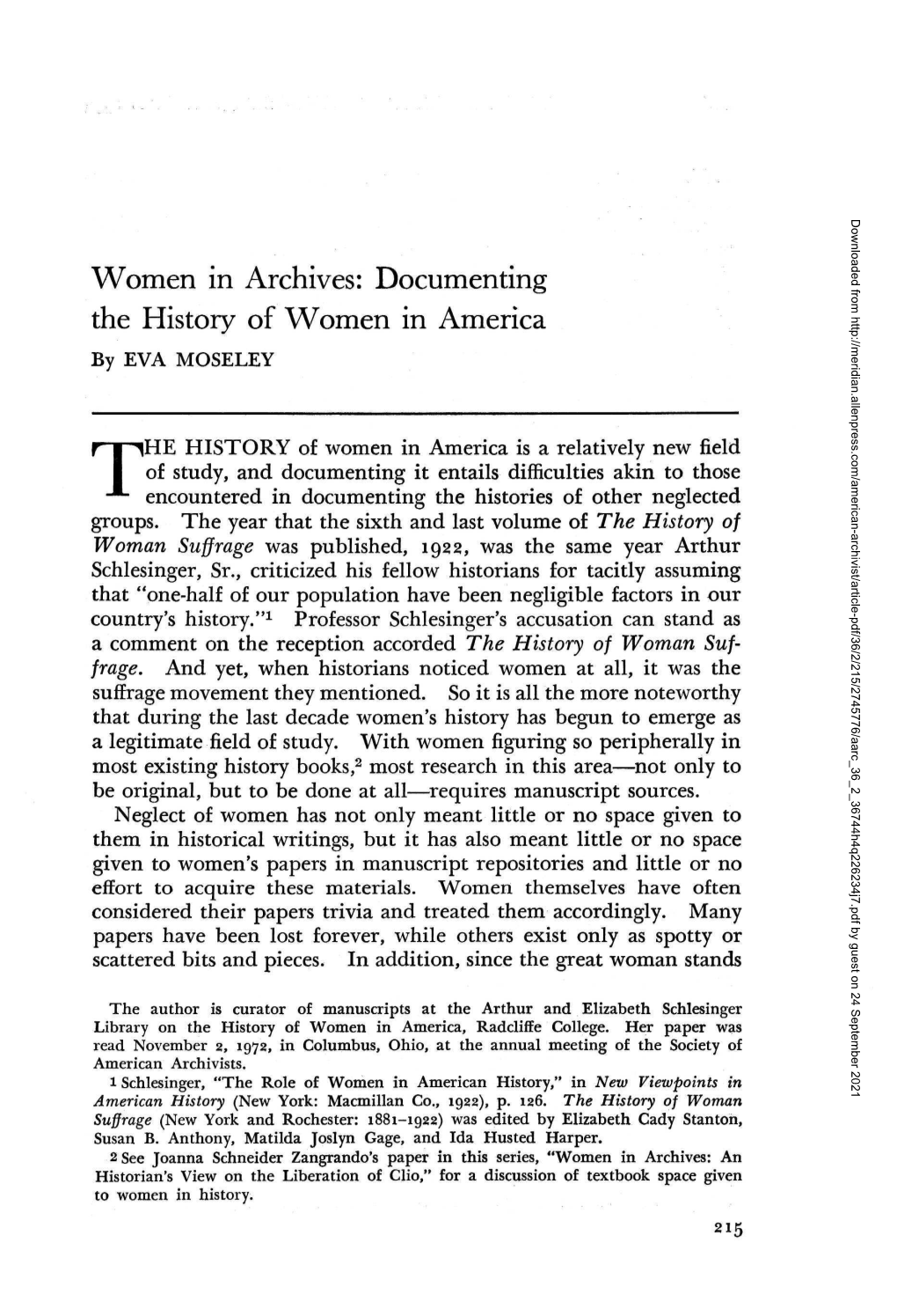 Women in Archives: Documenting the History of Women in America by EVA MOSELEY