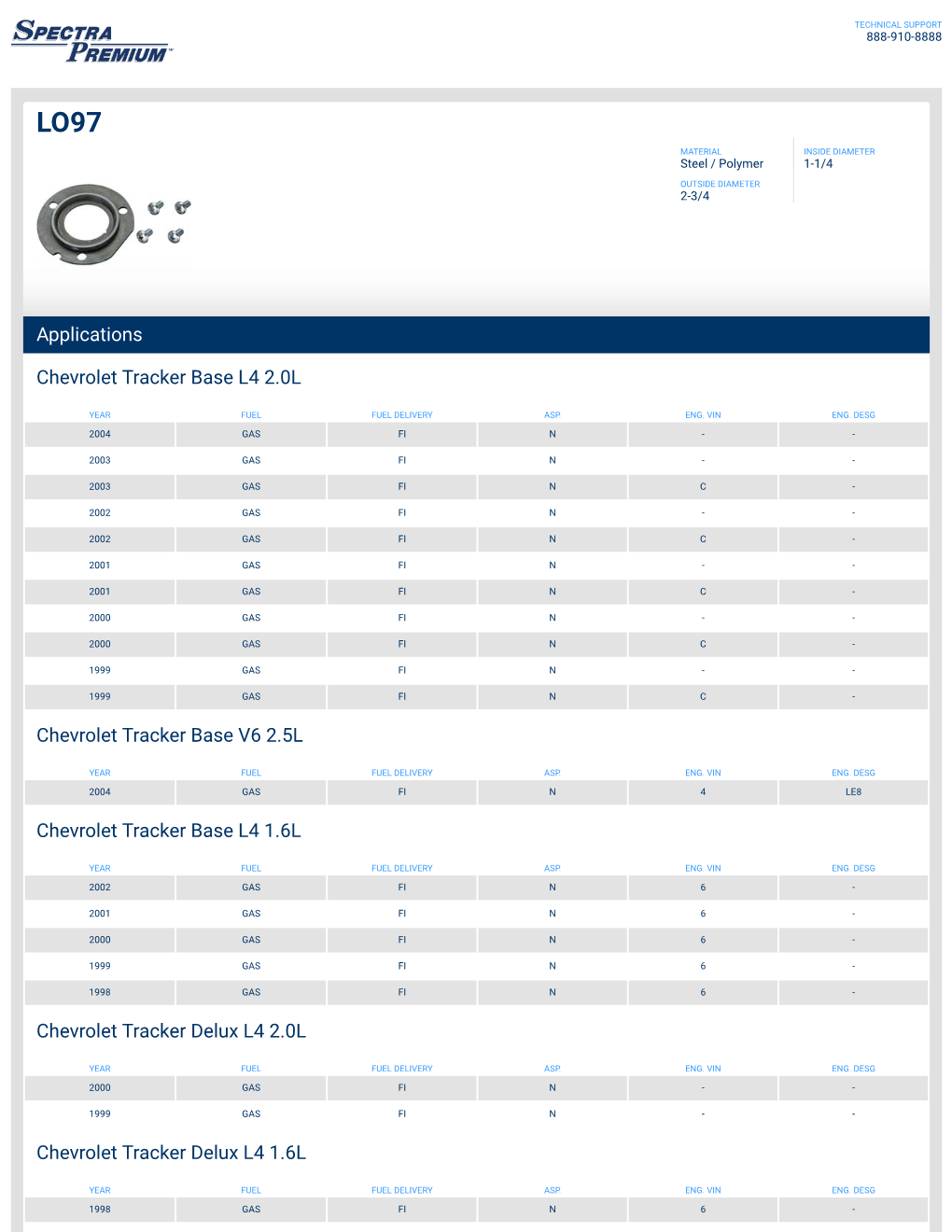 Applications Chevrolet Tracker Base L4 2.0L