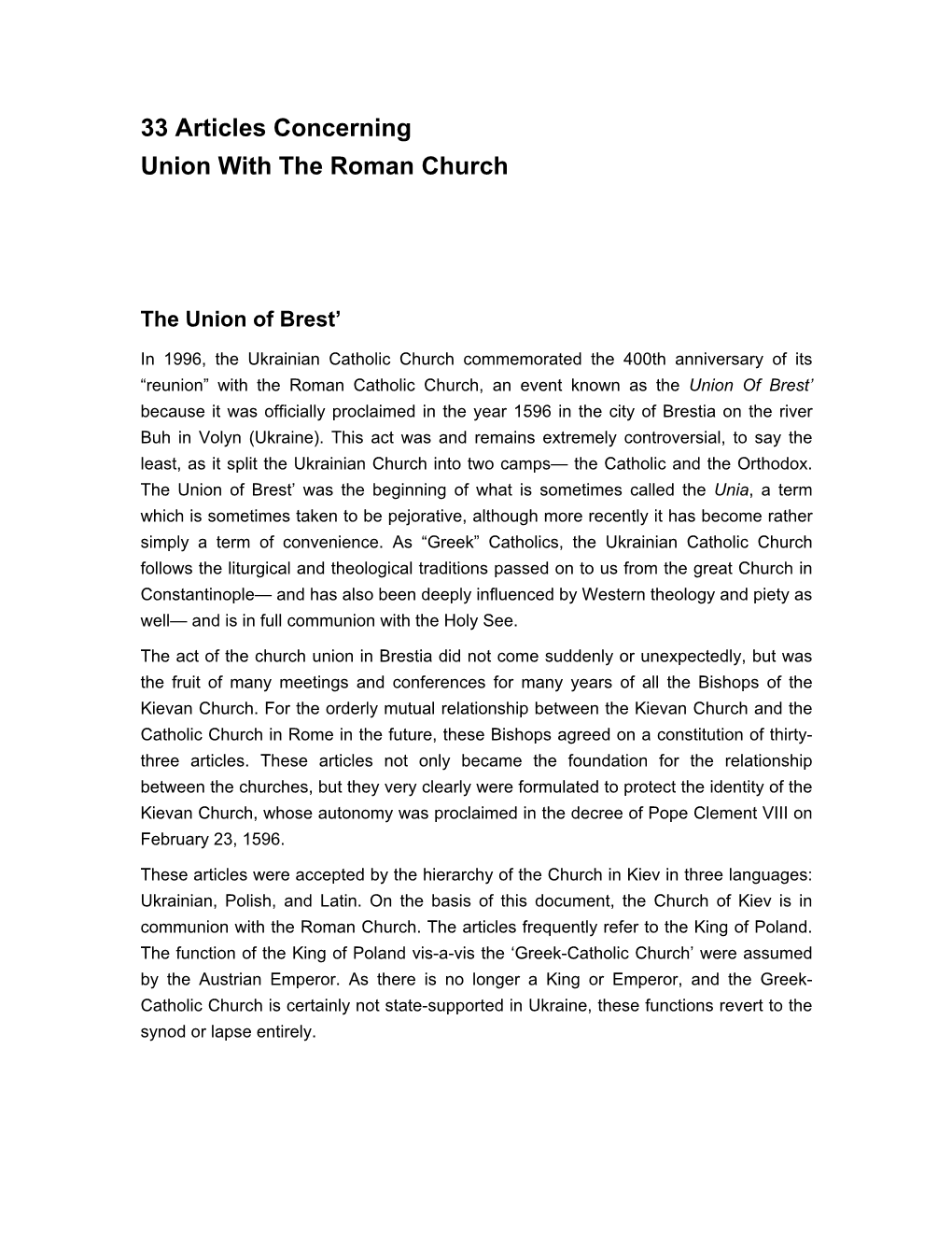 33 Articles Concerning Union with the Roman Church