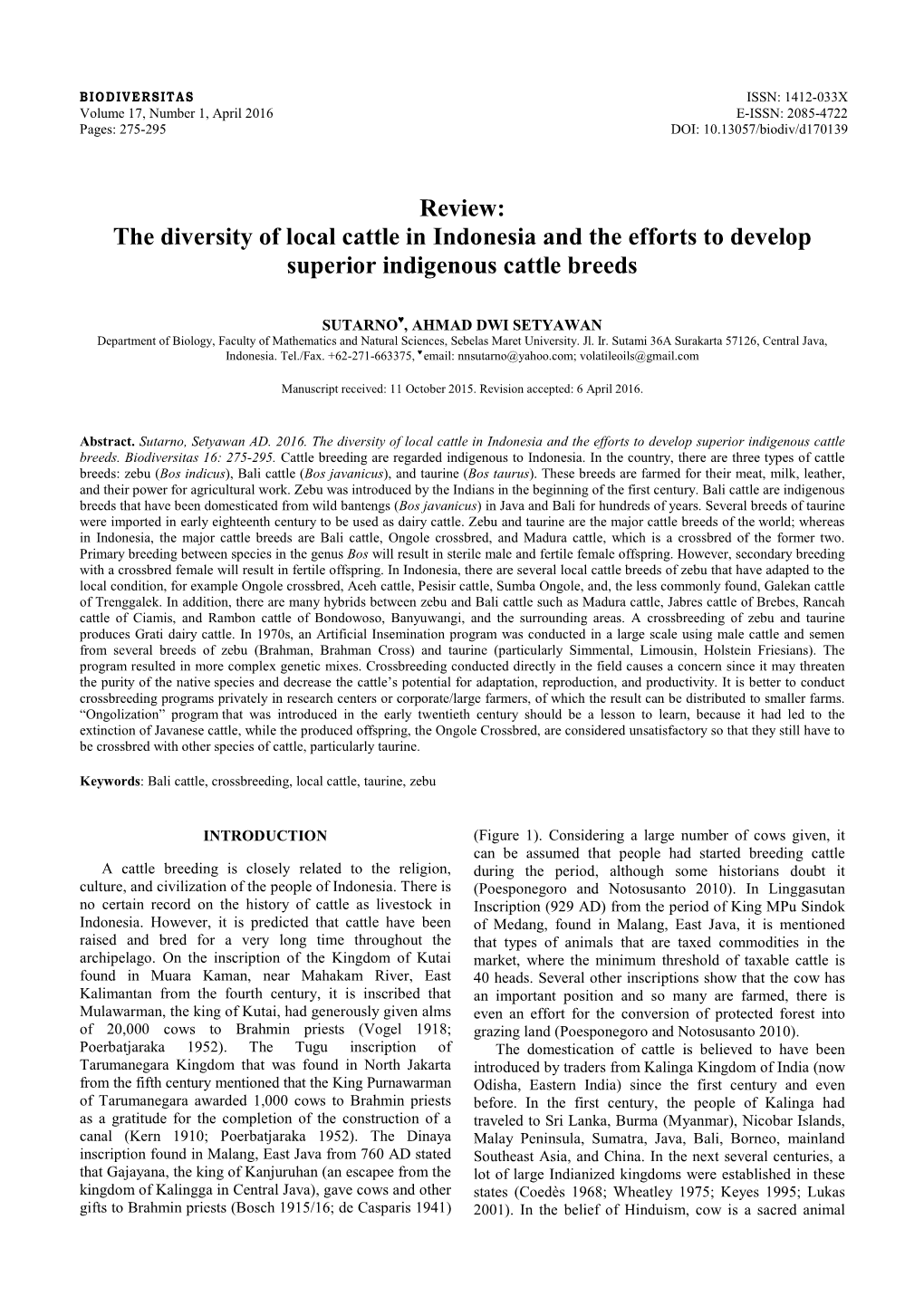 Review: the Diversity of Local Cattle in Indonesia and the Efforts to Develop Superior Indigenous Cattle Breeds