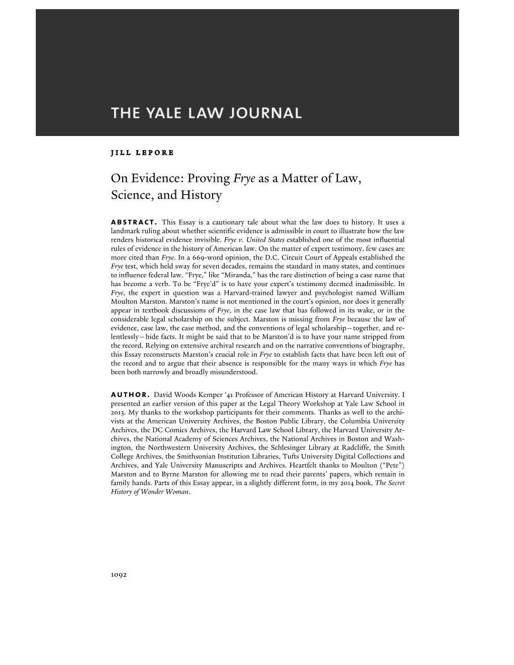 Proving Frye As a Matter of Law, Science, and History Abstract