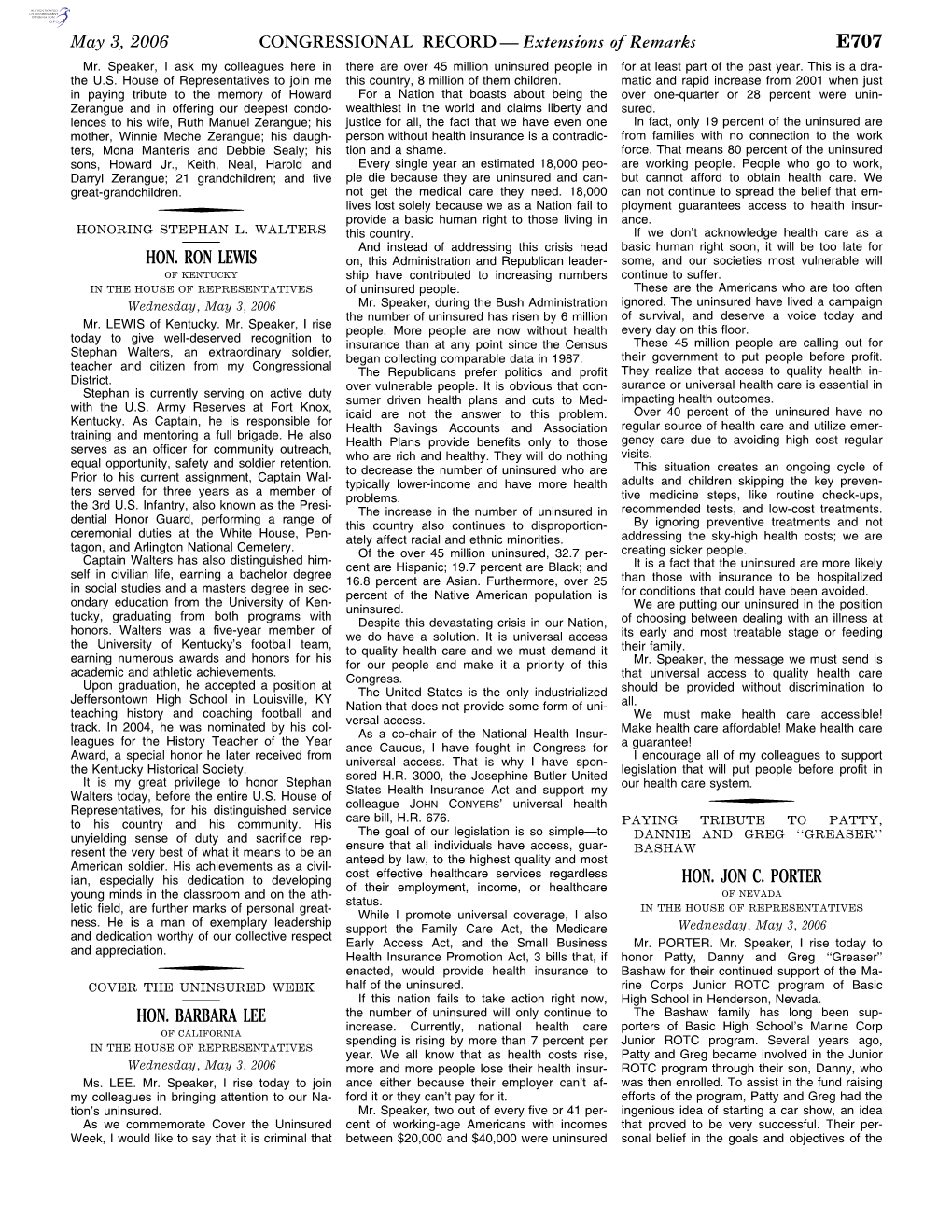 CONGRESSIONAL RECORD— Extensions of Remarks E707 HON. RON LEWIS HON. BARBARA LEE HON. JON C. PORTER