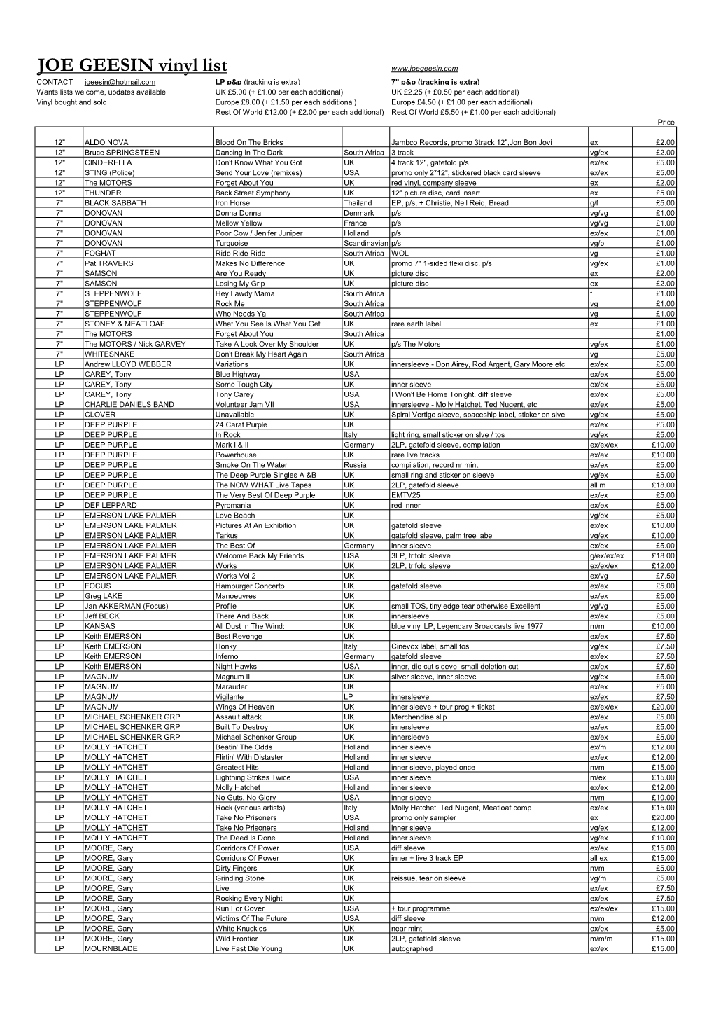 JOE GEESIN Vinyl List